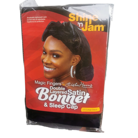 Shine n Jam Magic Fingers double layered Satin Bonnet & Sleep Large Black Cap - Hair Accessory -LOL Hair & Beauty